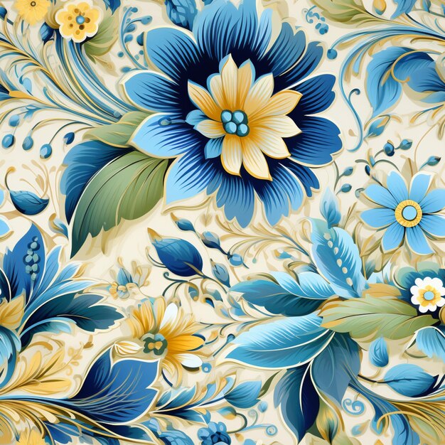 there is a blue and yellow flower pattern on a white background generative ai