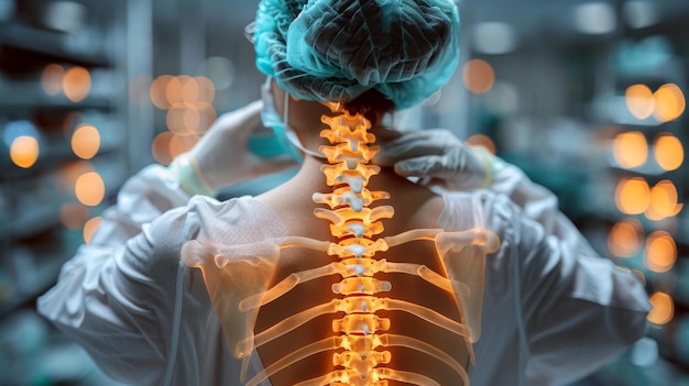 Photo there is a blurred background behind a medical worker as she shows the spine