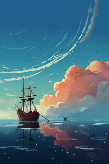 there is a boat floating in the water with a sky background generative ai