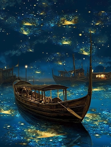 夜に水に浮かぶボート 
