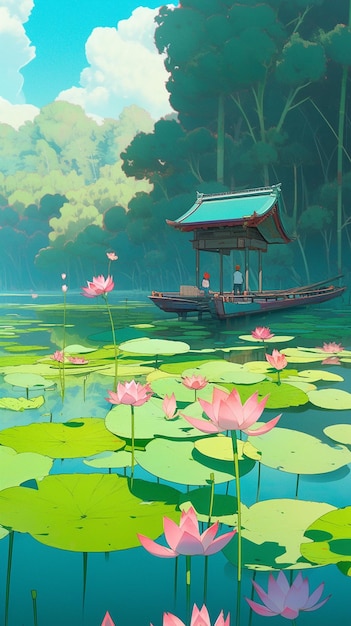 There is a boat that is floating in the water with lotuses generative ai