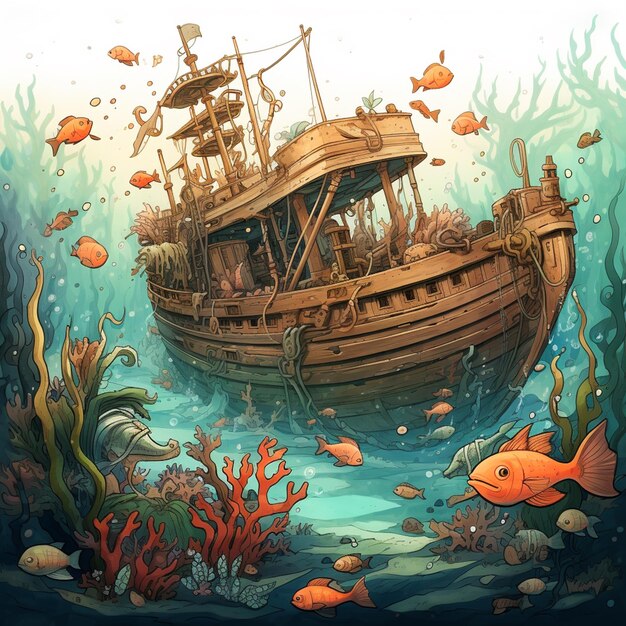 there is a boat that is floating in the water with many fish generative ai