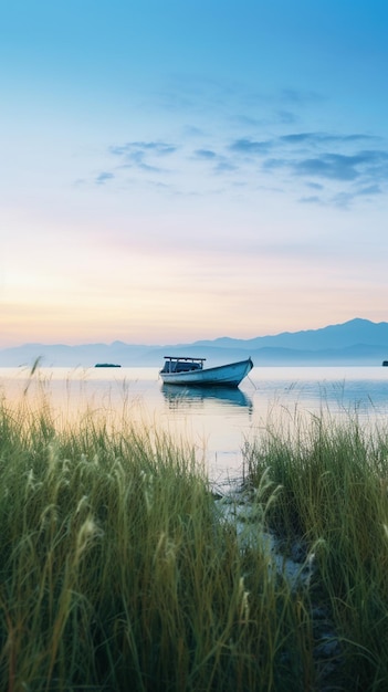 there is a boat that is sitting in the water near the grass generative ai