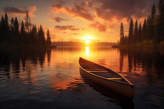 There is a boat that is sitting in the water at sunset generative ai