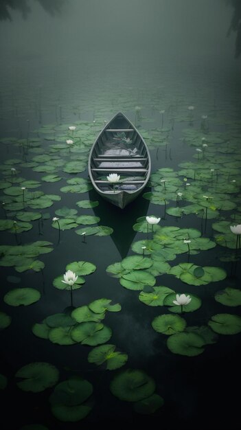 There is a boat that is sitting in the water with lily pads generative ai