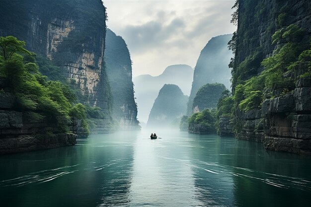 Photo there is a boat that is traveling through a river surrounded by mountains generative ai