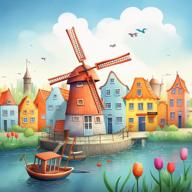 Photo there is a boat that is in the water near a windmill generative ai