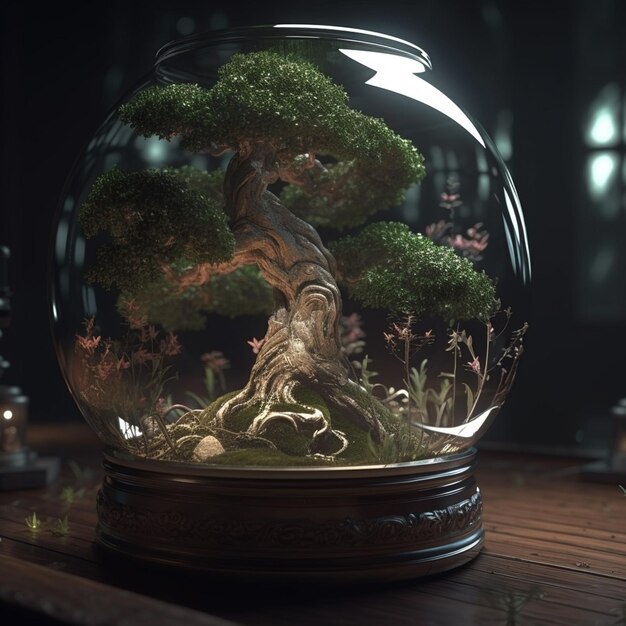There is a bonsai tree inside of a glass bowl on a table generative ai