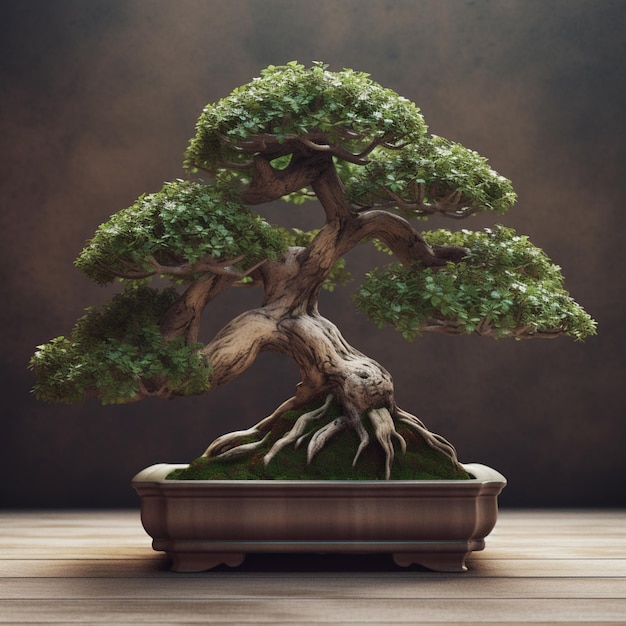 There is a bonsai tree in a pot on a table generative ai