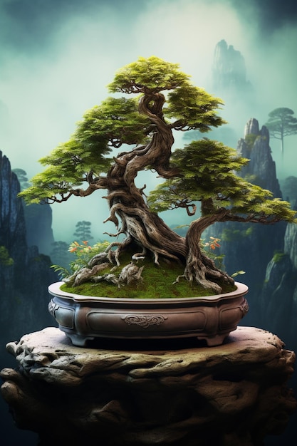 There is a bonsai tree on a rock in the middle of a mountain generative ai