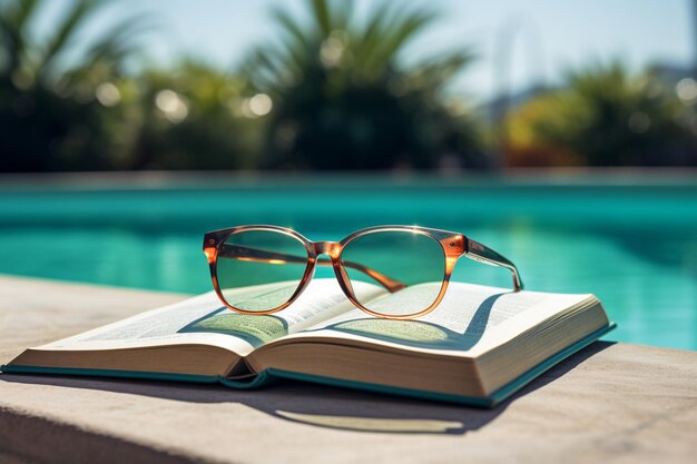 There is a book and glasses on a ledge near a pool generative ai