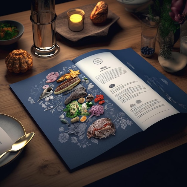 テーブルの上には食べ物生成 AI の皿が置かれた本が開かれています