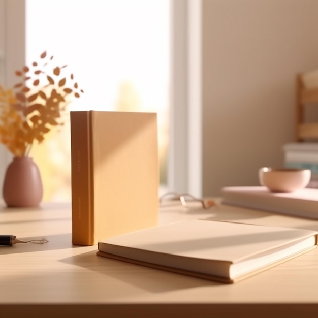 There is a book and a pen on a table with a vase generative ai