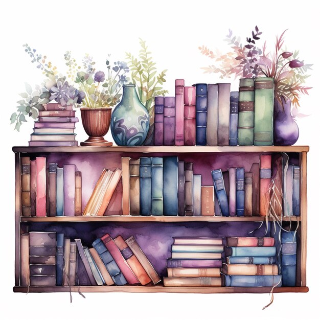 there is a book shelf with books and vases on it generative ai