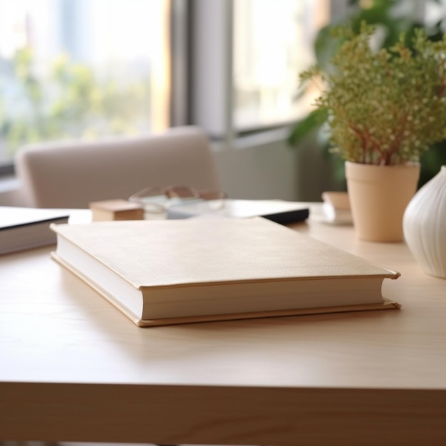 Photo there is a book on a table with a laptop and a plant generative ai