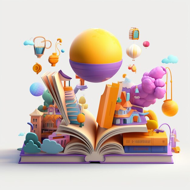 there is a book with a balloon flying over it generative ai