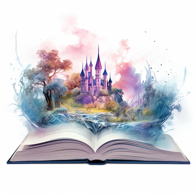 there is a book with a castle on it and a river in the middle generative ai