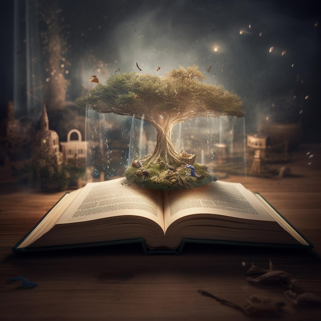 There is a book with a tree inside of it on a table generative ai