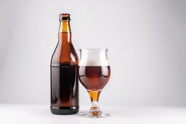there is a bottle of beer and a glass of beer on a table generative ai