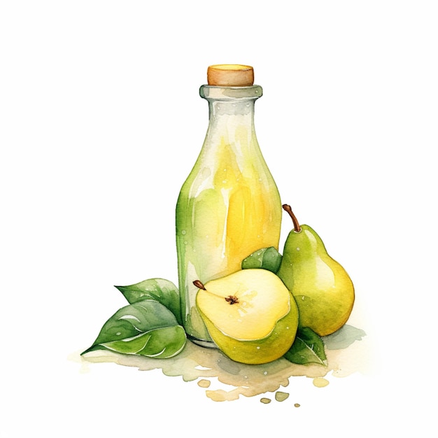 There is a bottle of juice with pears and leaves on the ground generative ai