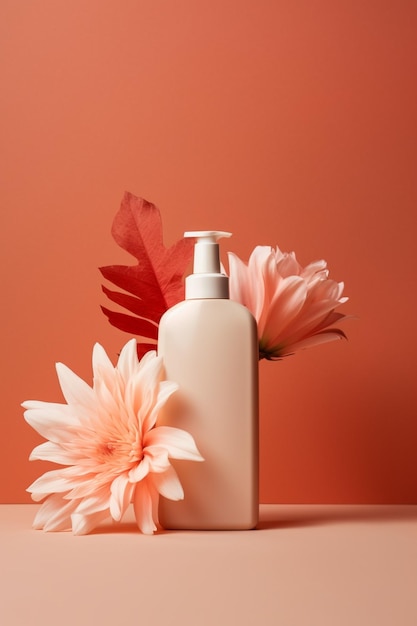 There is a bottle of lotion and a flower on a table generative ai