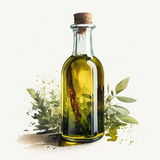 Foto c'è una bottiglia di olio d'oliva con un ramo di foglie d'olivo generativo ai