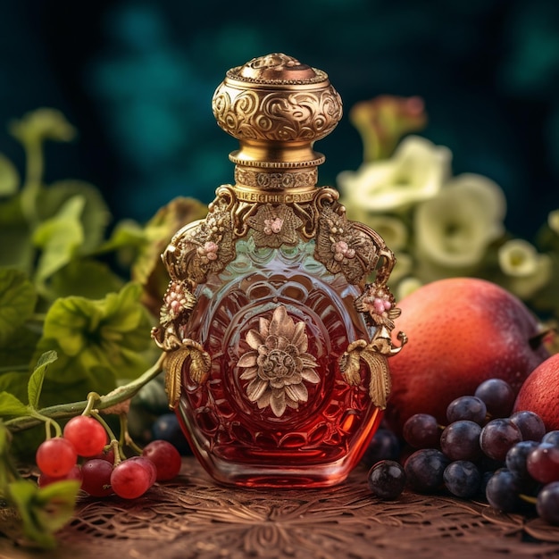 There is a bottle of perfume sitting on a table with fruit generative ai