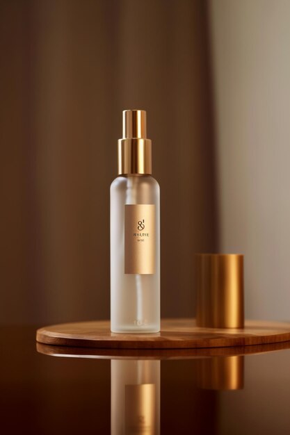 there is a bottle of perfume sitting on a table with a gold cup generative ai