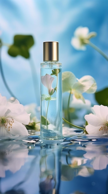 There is a bottle of perfume with a flower in it generative ai