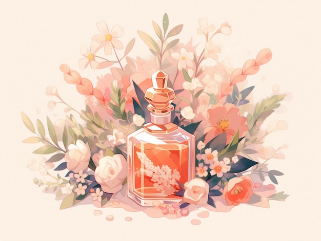 Photo there is a bottle of perfume with flowers on the table generative ai