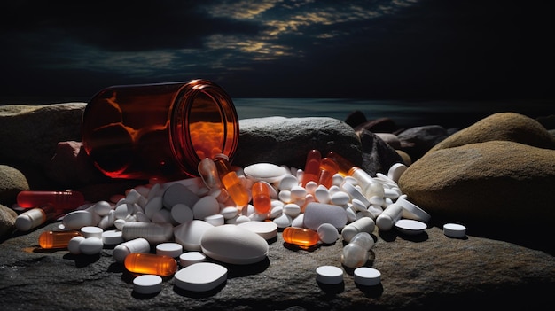 There is a bottle of pills and pills on a rock generative ai