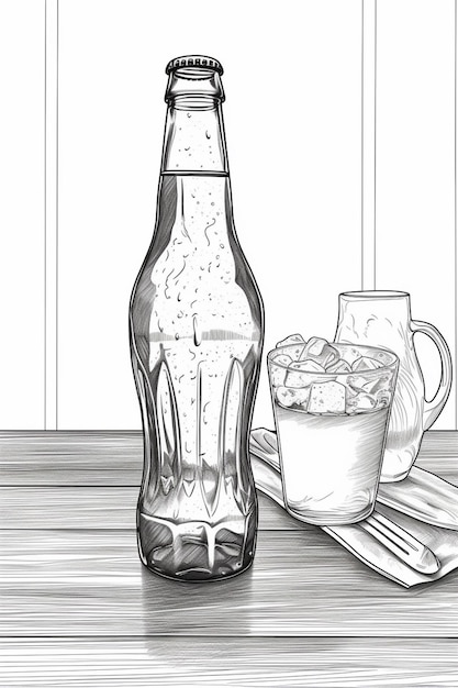 Foto c'è una bottiglia di soda e un bicchiere d'acqua su un tavolo generativo ai