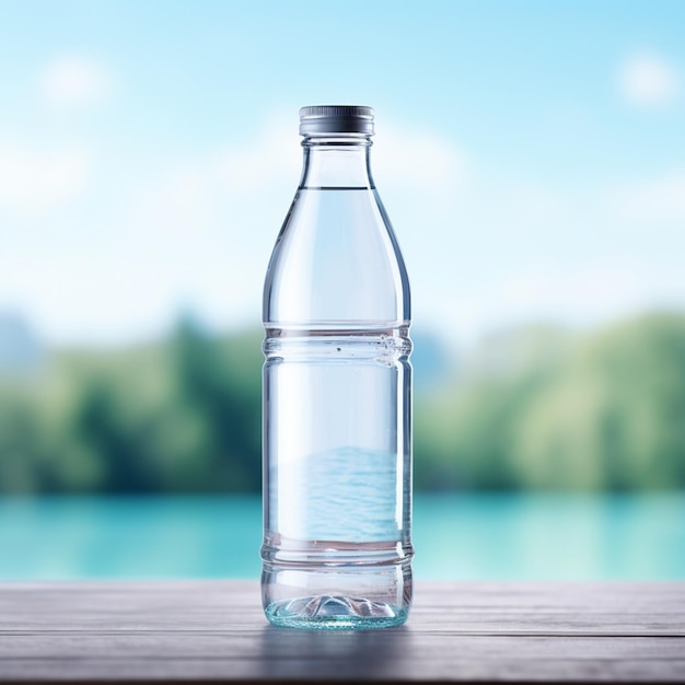 there is a bottle of water sitting on a table by the water generative ai