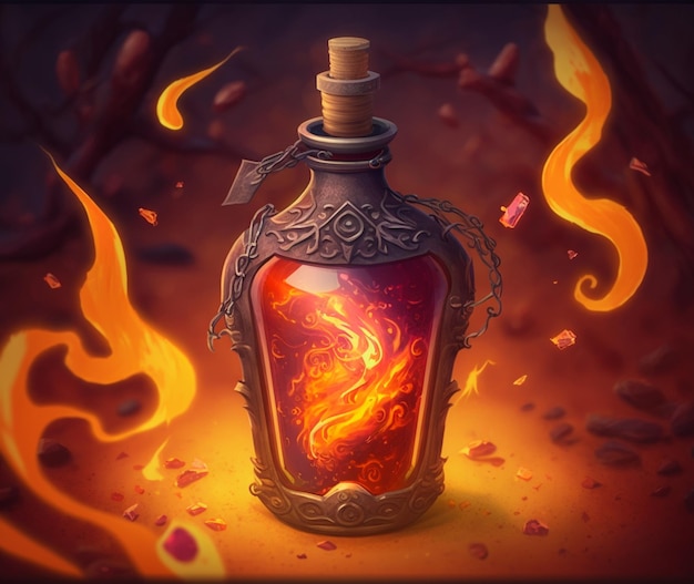 There is a bottle with a fire inside of it on a table generative ai
