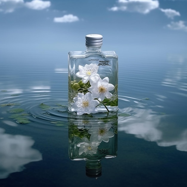 Photo there is a bottle with flowers floating in the water generative ai