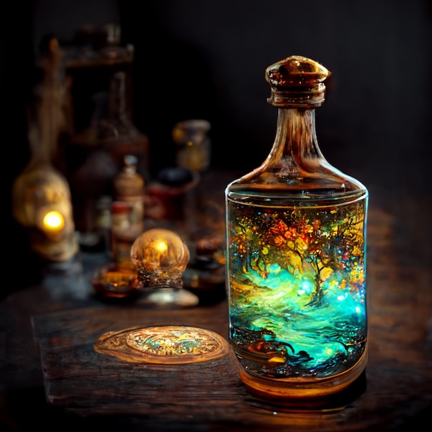 there is a bottle with a painting on it sitting on a table generative ai