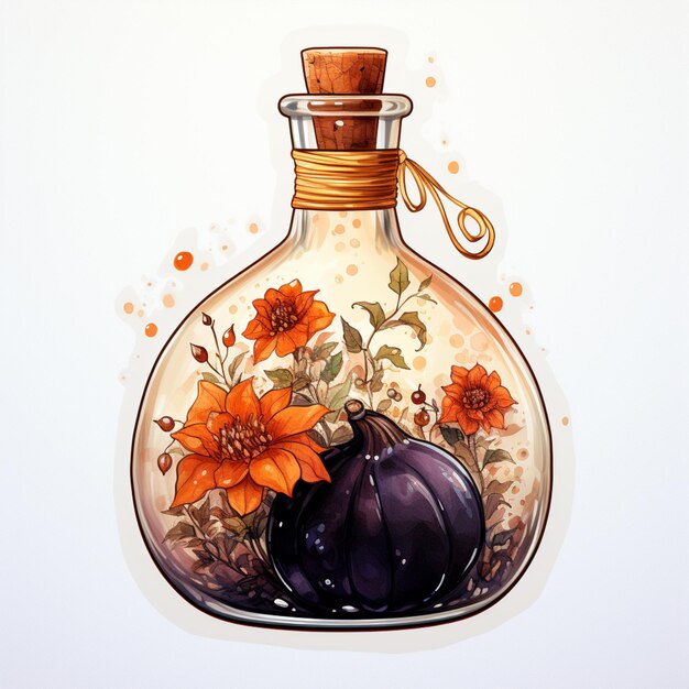 there is a bottle with a pumpkin inside of it with flowers generative ai