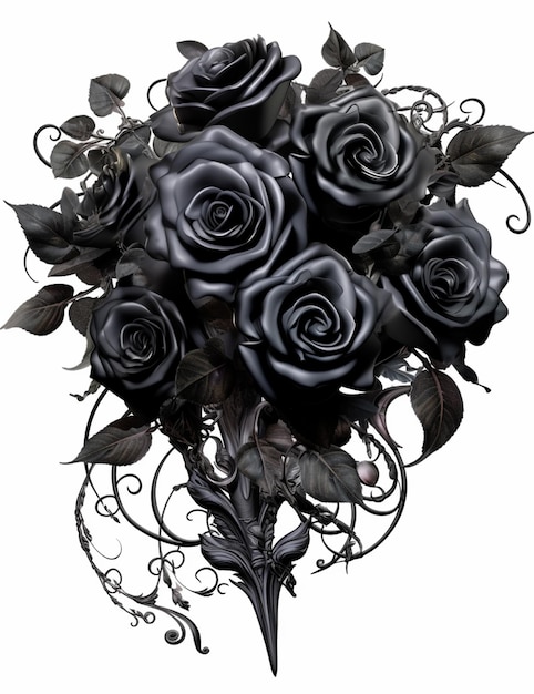 there is a bouquet of black roses with leaves on a white background generative ai