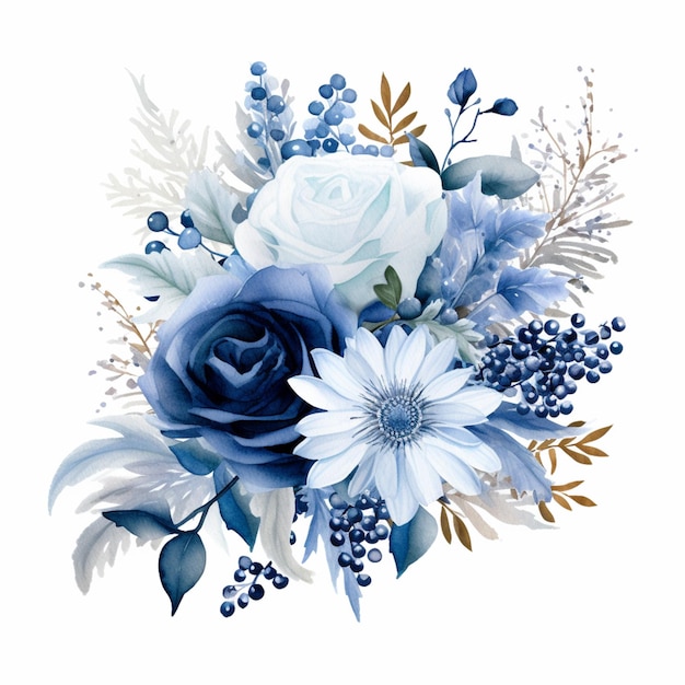 there is a bouquet of blue flowers and berries on a white background generative ai