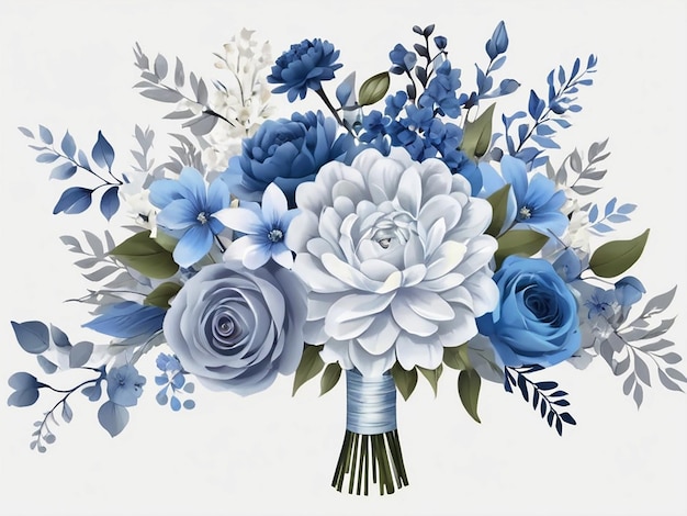 There is a bouquet of blue flowers with leaves and flowers