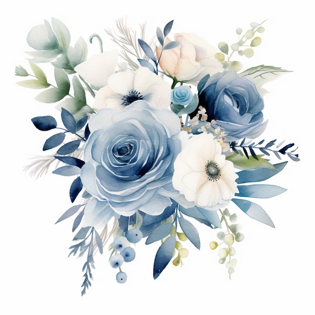 There is a bouquet of blue and white flowers on a white background generative ai