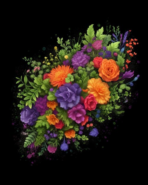 there is a bouquet of flowers on a black background generative ai