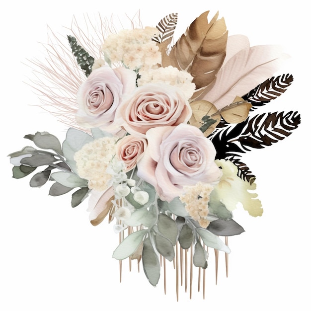 Photo there is a bouquet of flowers and feathers on a comb generative ai