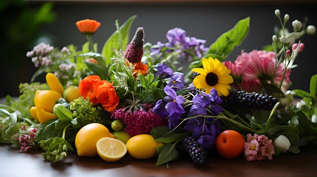 テーブルの上に花と果物の花束がある 生成 AI