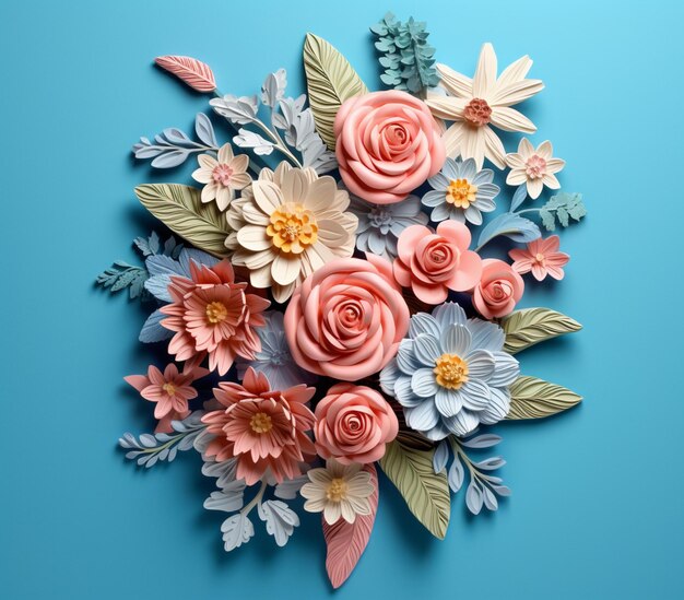 There is a bouquet of flowers made of paper on a blue background generative ai