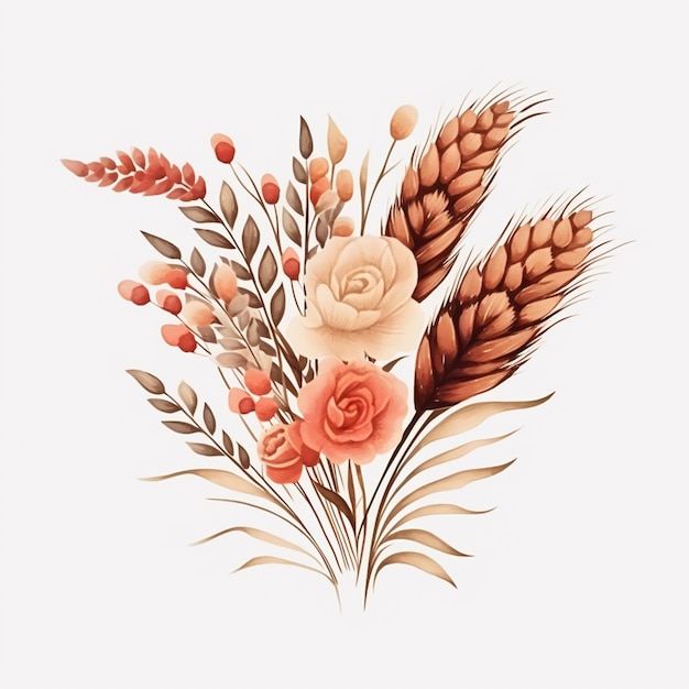 there is a bouquet of flowers and wheat on a white background generative ai