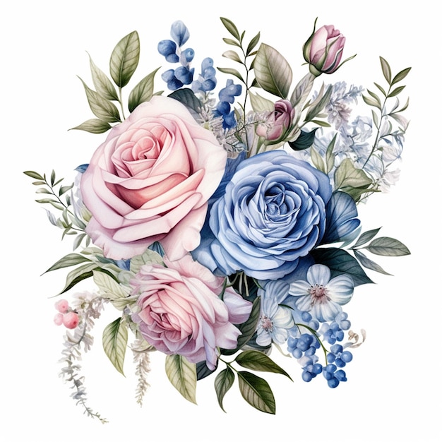 There is a bouquet of flowers with blue and pink roses generative ai