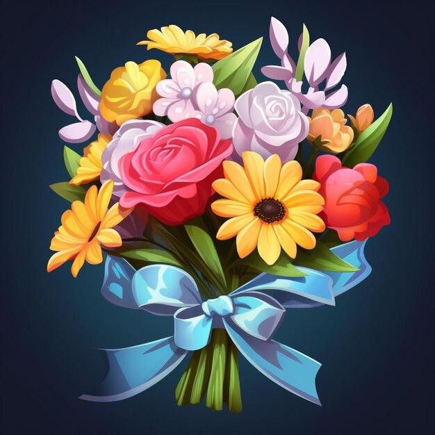 there is a bouquet of flowers with a blue ribbon on a dark background generative ai