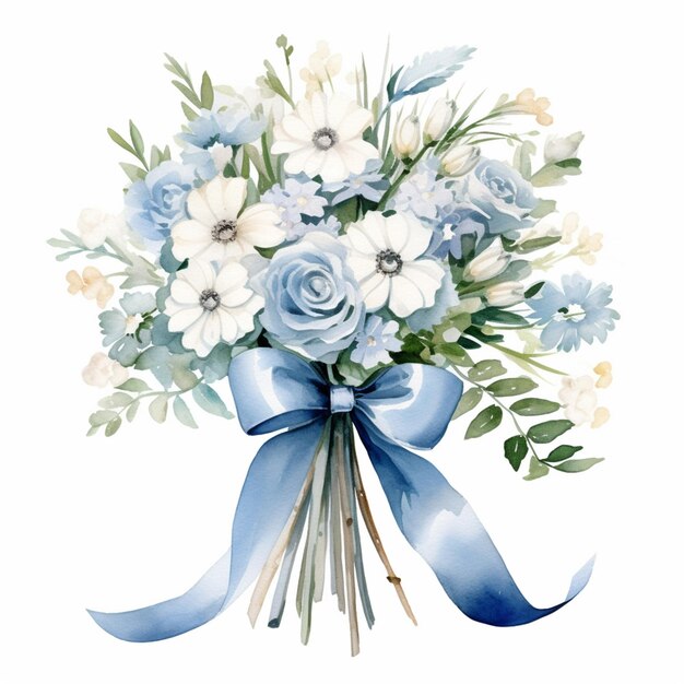 Photo there is a bouquet of flowers with a blue ribbon on it generative ai