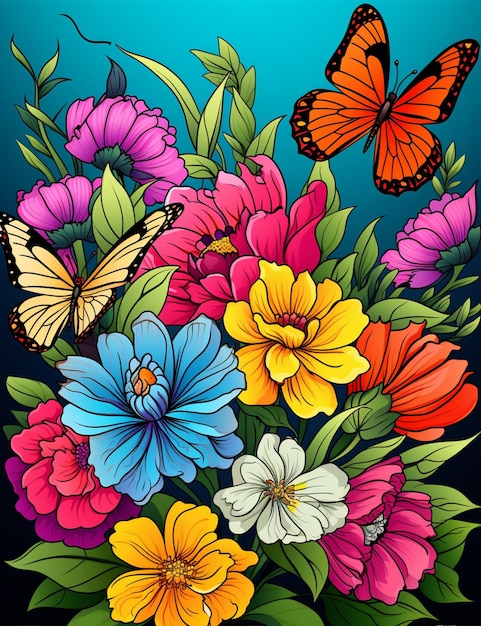 Там букет цветов с бабочками на синем фоне генеративный ай